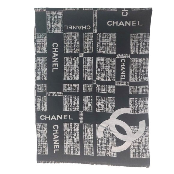 CHANEL Luxury Vintage Black Gray Reversible Print CC Blanket Scarf Shawl Wrap - Picture 1 of 5